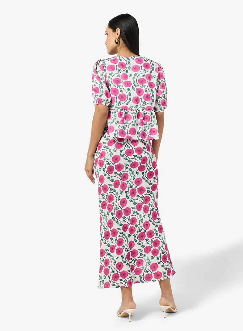 جينجر Floral Print Tie Up Top & A Line Skirt Coord Set